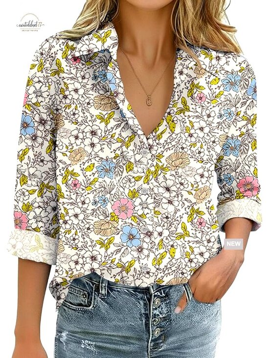 Tops - Cotton Linen Button Down Shirt Loose Fit Long Sleeve V Neck Blouse S-3XL